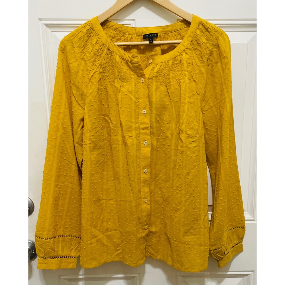 Talbots Button Down Blouse Swiss Dot Long Sleeve Top Yellow M‎